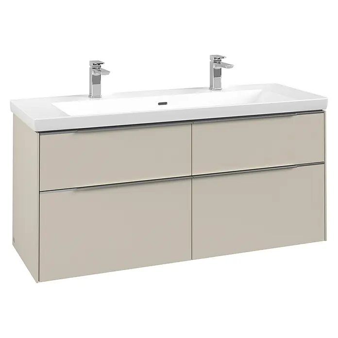 Villeroy & Boch Subway 3.0 Waschbeckenunterschrank - Cashmere Grey, Anzahl Schubladen: 4 Stk., Farbe Griff: Aluminium glänzend, B x T x H: 127,2 x 47,8 x 57,6 cm - Beige Doppelwaschtisch mit weißem Keramikbecken, zwei Chromarmaturen und vier Schubladen.