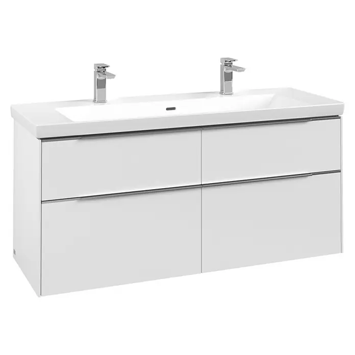 Villeroy & Boch Subway 3.0 Waschbeckenunterschrank - Pure White, Anzahl Schubladen: 4 Stk., Farbe Griff: Aluminium glänzend, B x T x H: 127,2 x 47,8 x 57,6 cm - Weißer Doppelwaschtisch mit zwei Becken, zwei Chromarmaturen und vier grifflosen Schubladen.