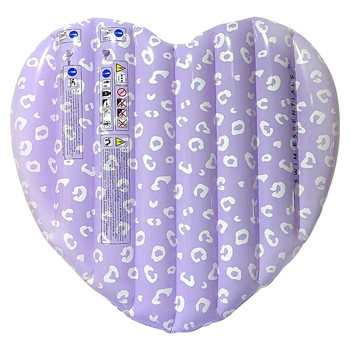 Swim Essentials Luftmatratze - L x B: 150 x 120 cm, Fliedder - Lila herzförmige aufblasbare Schwimmmatratze mit weißem Leopardenmuster.