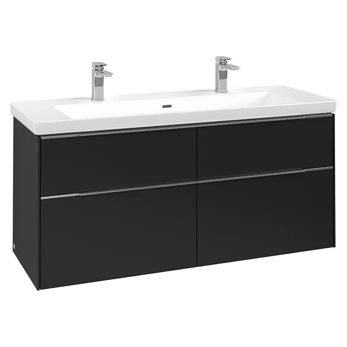 Villeroy & Boch Subway 3.0 Waschbeckenunterschrank - Volcano Black, Anzahl Schubladen: 4 Stk., Farbe Griff: Aluminium glänzend, B x T x H: 127,2 x 47,8 x 57,6 cm - Moderner dunkelgrauer Doppelwaschtisch mit weißer Keramikplatte und zwei Chromarmaturen.