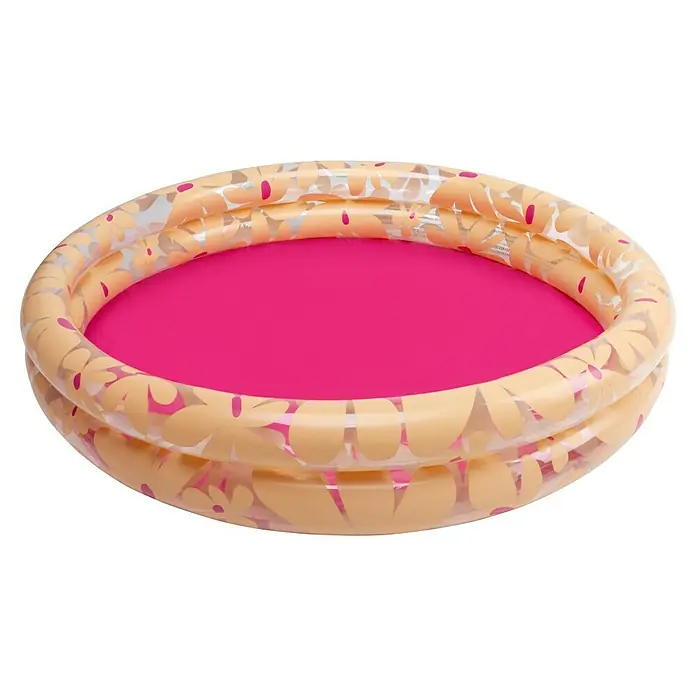 Swim Essentials Planschbecken Flowers - Durchmesser: 100 cm, Rosa/Gelb - Rundes aufblasbares Planschbecken mit pinkem Boden und transparenten Seitenwänden, verziert mit cremefarbenen Blüten und pinken Zentren.