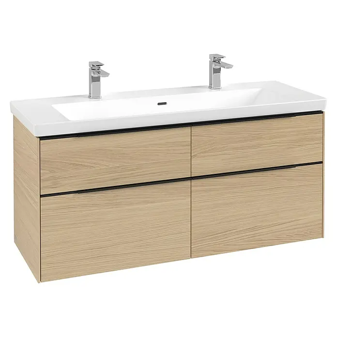 Villeroy & Boch Subway 3.0 Waschbeckenunterschrank - Nordik Oak, Anzahl Schubladen: 4 Stk., Farbe Griff: Volcano Black, B x T x H: 127,2 x 47,8 x 57,6 cm - Doppelwaschtisch aus hellem Holz mit weißer Keramikplatte und zwei Chromarmaturen.