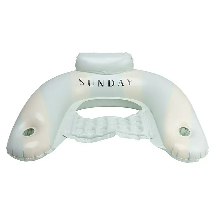 Swim Essentials Luftmatratze - L x B: 109 x 90 cm - Weiß-beige gestreifte aufblasbare Poolliege mit "SUNDAY"-Schriftzug, Kopfstütze und aufblasbarem Sitz.