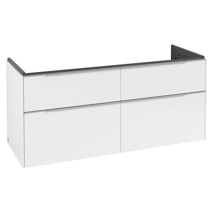 Villeroy & Boch Subway 3.0 Waschbeckenunterschrank - Brilliant White, Anzahl Schubladen: 4 Stk., Farbe Griff: Aluminium glänzend, B x T x H: 127,2 x 47,8 x 57,6 cm - Weißer Hängeschrank mit vier Schubladen, dunkelgrauen Griffen und oberer Blende.
