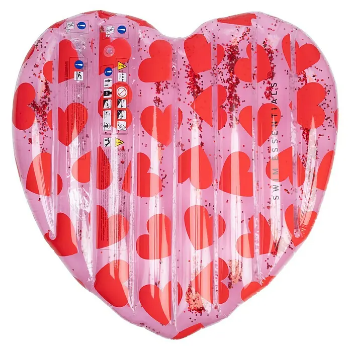 Swim Essentials Luftmatratze - L x B: 150 x 120 cm, Rot/Rosa - Herzförmige pinke aufblasbare Pool-Luftmatratze mit roten Herzen und Glitzer.