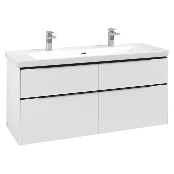Villeroy & Boch Subway 3.0 Waschbeckenunterschrank - Pure White, Anzahl Schubladen: 4 Stk., Farbe Griff: Volcano Black, B x T x H: 127,2 x 47,8 x 57,6 cm - Weißer Doppelwaschtisch mit zwei integrierten Waschbecken, zwei Chromarmaturen und vier Schubladen mit schwarzen Griffen.