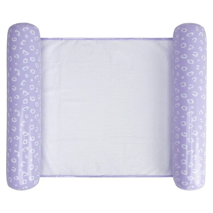 Swim Essentials Luftmatratze Wasserhängematte - Violett, L x B: 116 x 78 cm - Lila aufblasbarer Babyschwimmring mit Leopardenmuster und weißem Netzmittelteil.