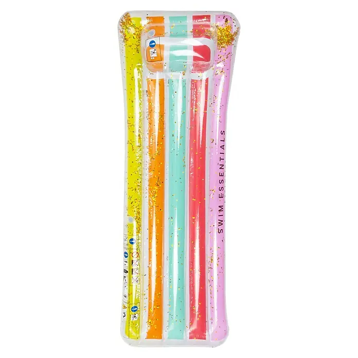 Swim Essentials Luftmatratze - L x B: 177 x 67 cm, Mehrfarbig - Gestreifte, glitzernde aufblasbare Poolliege in Gelb, Orange, Mint, Rot und Pink.