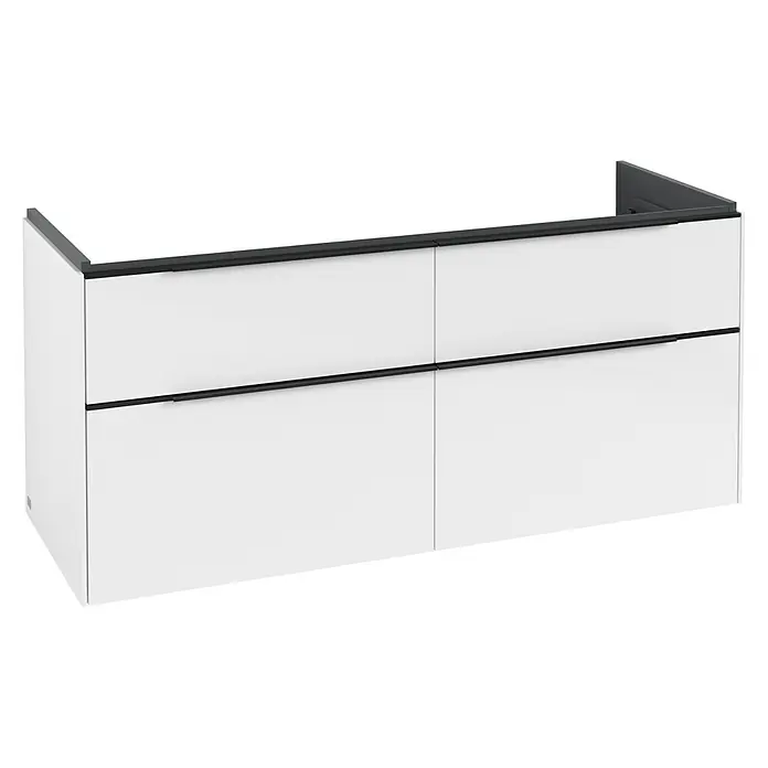 Villeroy & Boch Subway 3.0 Waschbeckenunterschrank - Brilliant White, Anzahl Schubladen: 4 Stk., Farbe Griff: Volcano Black, B x T x H: 127,2 x 47,8 x 57,6 cm - Weißer wandhängender Badunterschrank mit schwarzen Griffleisten und vier Schubladen.