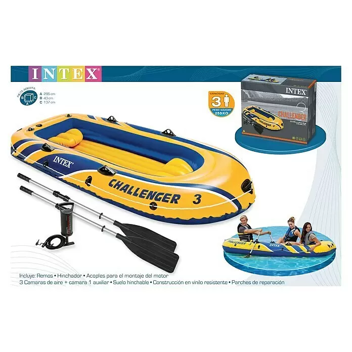 Intex Bote hinchable Challenger 3 - 2,95 x 1,37 m, Carga útil: 170 kg - Bote inflable Intex Challenger 3 amarillo y azul con remos y bomba, mostrado en su embalaje y con tres personas en el agua.