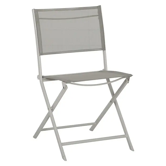 Sunfun Silla de jardín Lea - An x Pr x Al: 46 x 52 x 81 cm, Taupe, Acero/Textiline - Imagen de una silla plegable gris con respaldo y asiento de malla, ideal para uso exterior. Práctica y ahorra espacio.