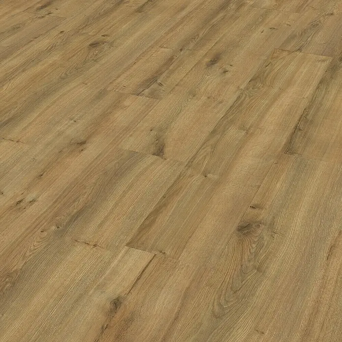 Living by Haro Hydrostar Designboden - Eiche Montana natur, Landhausdiele, 1.282 x 235 x 6,5 mm - Attraktives Foto von hellbraunem Laminatboden, das eine warme und einladende Atmosphäre mit seiner Holzmaserung erzeugt.