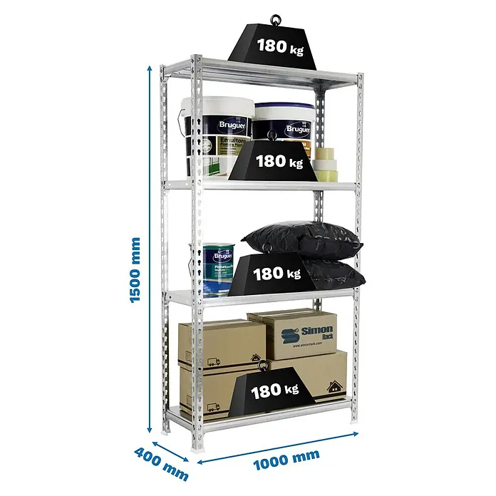 Simonrack Simonclick Metallregal Simonclick Plus - H x B x T: 150 x 100 x 40 cm, Traglast pro Boden: 180 kg, Anzahl Böden: 4 Stk., Stecken, Silber/Silber - Abgebildet ist ein Metallregal mit vier Ebenen, beladen mit Farbeimern, Kisten und Sandsäcken, wobei die Maße angegeben sind.