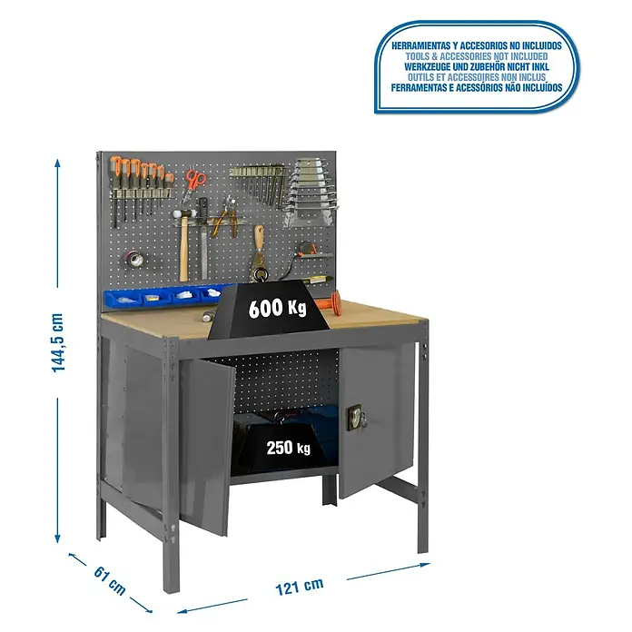 Simonrack Simonwork Werkbank BT2 Cabinet 1200 - L x B: 61 x 121 cm, Arbeitshöhe: 144,5 cm, Belastbarkeit: 600 kg, Grau - Graue Metall-Werkbank mit Holzplatte, Lochwand und 2 Schränken. Maße 144.5x121x61 cm. Arbeitsplatte 600kg, Schrank 250kg. Werkzeuge nicht inkludiert.