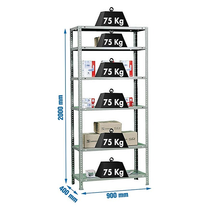 Simonrack Simonclassic Metallregal (L x B x H: 40 x 90 x 200 cm, Traglast: 75 kg/Boden, Anzahl Böden: 6 Stk., Silber)