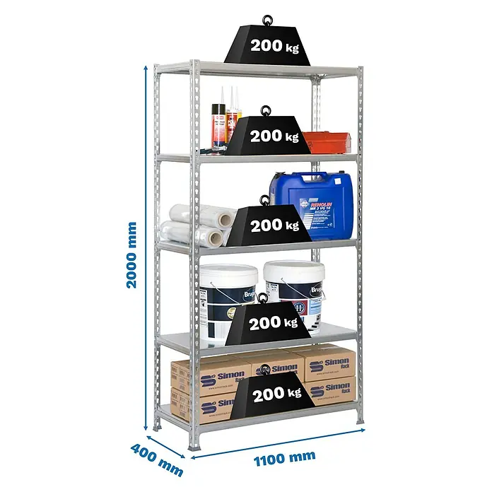 Simonrack Simonclick Metallregal Simonclick Super Plus - H x B x T: 200 x 110 x 40 cm, Traglast pro Boden: 200 kg, Anzahl Böden: 5 Stk., Stecken, Silber/Silber - Das Bild zeigt ein Schwerlastregal mit fünf Ebenen, beladen mit verschiedenen Gütern und Gewichtsangaben.