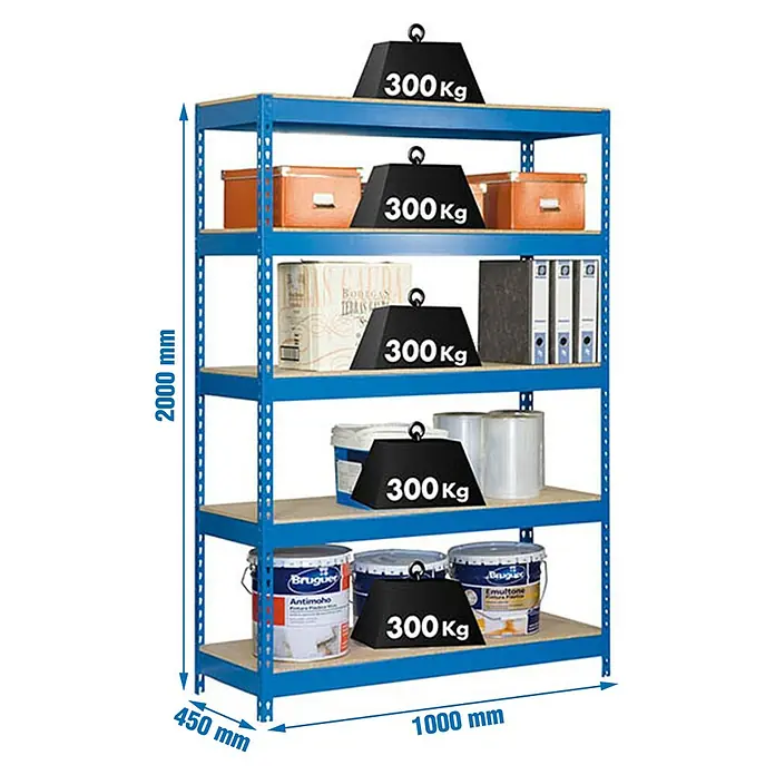 Simonrack Bricoforte Estantería para cargas pesadas Chipboard - Al x An x Pr: 200 x 100 x 45 cm, Capacidad de carga por balda: 300 kg, Número de baldas: 5 ud., Inserción, Azul - Estantería metálica azul resistente con 5 estantes de madera, 2000x1000x450mm.