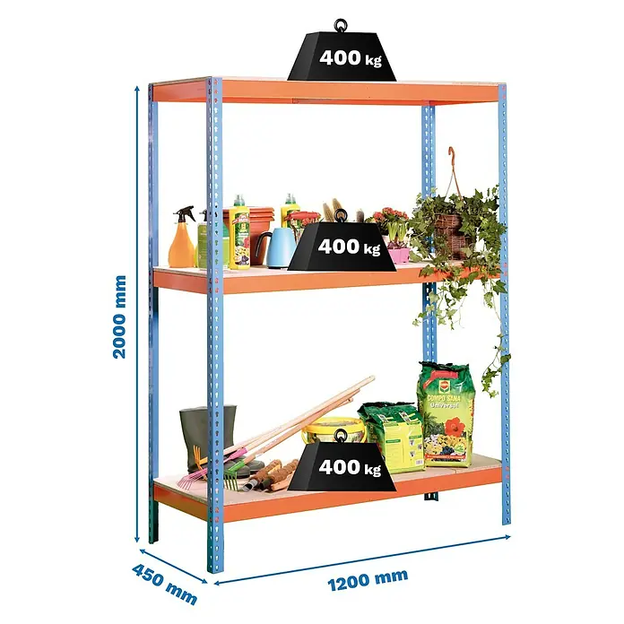 Simonrack Ecoforte Estantería para cargas pesadas Metal - Al x An x Pr: 200 x 120 x 45 cm, Número de baldas: 3 ud., Inserción, Azul/Naranja, Capacidad de carga por balda: 400 kg, Bandejas no incluidas - Estantería metálica azul y naranja, 2000x1200x450mm, 3 estantes de madera, 400kg carga por estante.