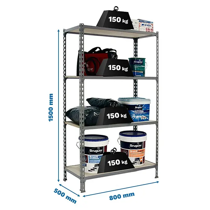 Simonrack Maderclick Metallregal Maderclick Mini - H x B x T: 150 x 80 x 50 cm, Traglast pro Boden: 150 kg, Anzahl Böden: 4 Stk., Stecken, Grau - Ein graues Schwerlastregal mit vier Ablagen, beladen mit verschiedenen Gegenständen und mit dem Gewicht von 150 kg pro Ebene gekennzeichnet.