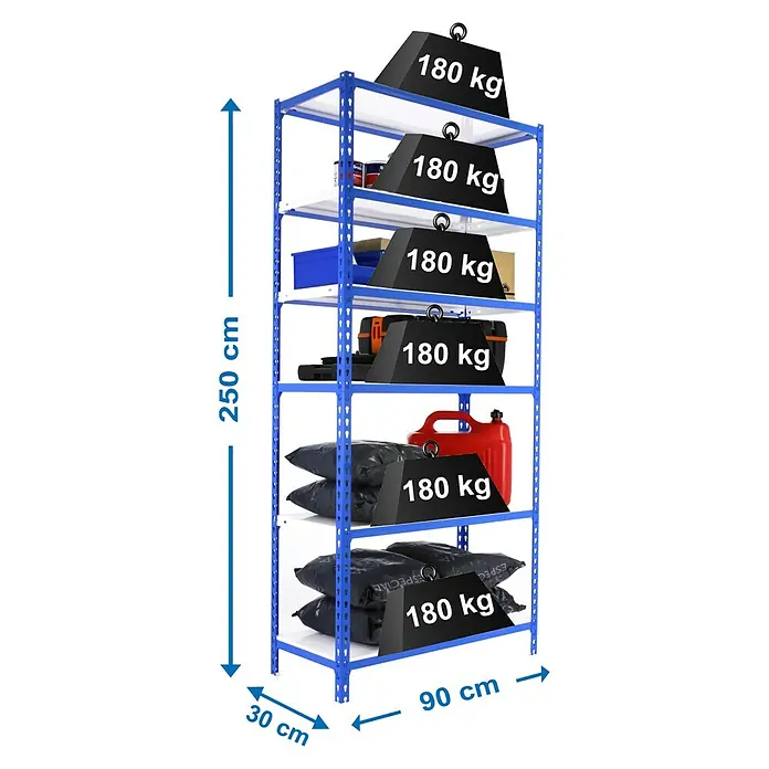 Simonrack Simonclick Metallregal Simonclick Plus - H x B x T: 250 x 90 x 30 cm, Traglast pro Boden: 180 kg, Anzahl Böden: 6 Stk., Stecken, Blau/Weiß - Abbildung eines blauen Metallregals mit sechs Ebenen, jede mit einer Traglast von 180 kg, zur Lagerung verschiedener Gegenstände.