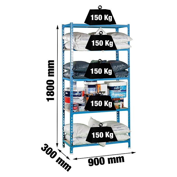 Simonrack Simonclick Metallregal (L x B x H: 30 x 90 x 180 cm, Traglast: 150 kg/Boden, Anzahl Böden: 5 Stk., Blau)