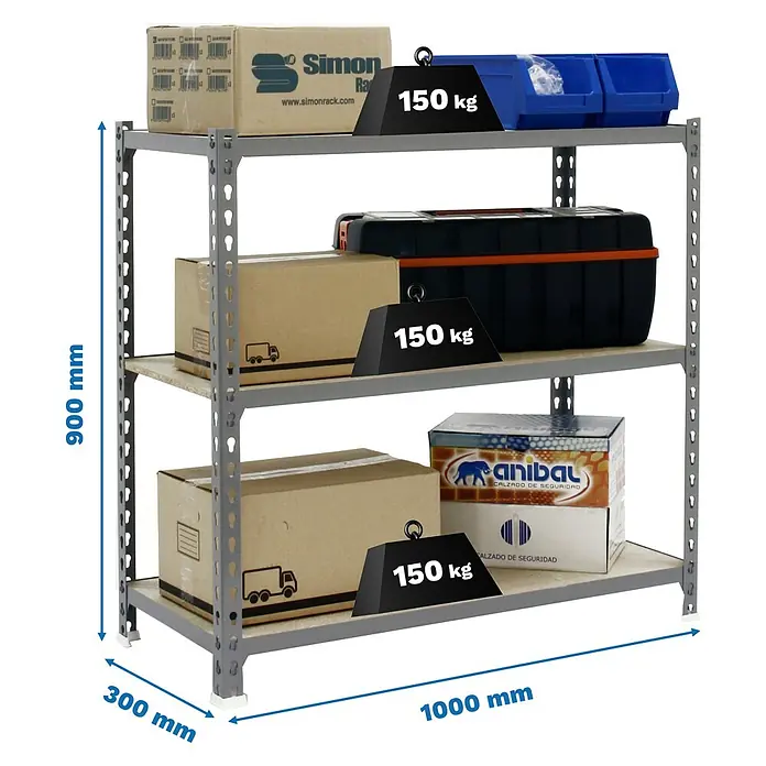 Simonrack Maderclick Metallregal Maderclick Plus - H x B x T: 90 x 100 x 30 cm, Traglast pro Boden: 150 kg, Anzahl Böden: 3 Stk., Stecken, Grau - Ein dreistufiges, graues Lagerregal mit Waren und Gewichtsangaben. Dieses Regal bietet robuste Lagerung für Werkstatt oder Lager.