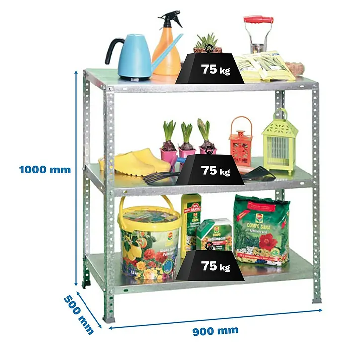 Simonrack Simonclassic Metallregal Advantage - H x B x T: 100 x 90 x 50 cm, Traglast pro Boden: 75 kg, Anzahl Böden: 3 Stk., Schrauben, Silber - Abbildung eines dreistufigen Metallregals mit Gartenzubehör und Gewichtsangaben.