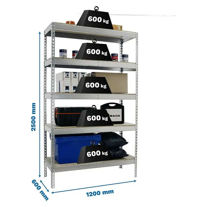 Simonrack Simonforte Schwerlastregal Simonforte Chipboard - H x B x T: 250 x 120 x 60 cm, Traglast pro Boden: 600 kg, Anzahl Böden: 5 Stk., Stecken, Silber - Nahaufnahme eines Schwerlastregals mit fünf Ebenen, das jeweils mit 600 kg belastet ist und seine Abmessungen zeigt.