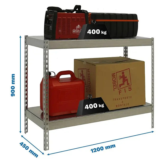 Simonrack Simontaller Schwerlastregal Ecoforte Metall - H x B x T: 90 x 120 x 45 cm, Traglast pro Boden: 400 kg, Anzahl Böden: 2 Stk., Stecken, Silber - Regal mit zwei Etagen, beladen mit Werkzeugen und Kartons, mit Gewichtsangaben und Abmessungen.