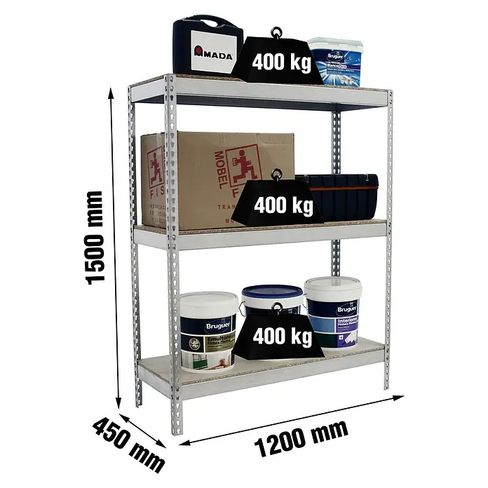 Simonrack Simontaller Schwerlastregal Ecoforte Chipboard - H x B x T: 150 x 120 x 45 cm, Traglast pro Boden: 400 kg, Anzahl Böden: 3 Stk., Stecken, Silber - Abbildung eines Regals mit drei Ebenen, beladen mit Farbeimern, einer Kiste und Gewichten, mit Größenangaben versehen.