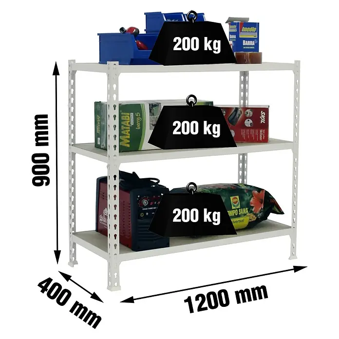 Simonrack Maderclick Metallregal Maderclick MegaPlus - H x B x T: 90 x 120 x 40 cm, Traglast pro Boden: 200 kg, Anzahl Böden: 3 Stk., Stecken, Weiß - Ein weißes Regal mit drei Ebenen, beladen mit verschiedenen Gegenständen und Gewichten, die jeweils 200 kg anzeigen, auf schwarzem Hintergrund.