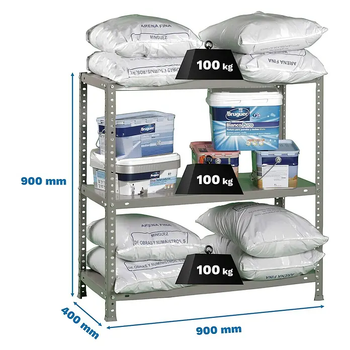 Simonrack Simonclassic Metallregal Comfort - H x B x T: 90 x 90 x 40 cm, Traglast pro Boden: 100 kg, Anzahl Böden: 3 Stk., Schrauben, Grau - Regal mit drei Ebenen, beladen mit Sandsäcken und Farbbehältern, etikettiert mit Gewichtsangaben und Größenangaben.