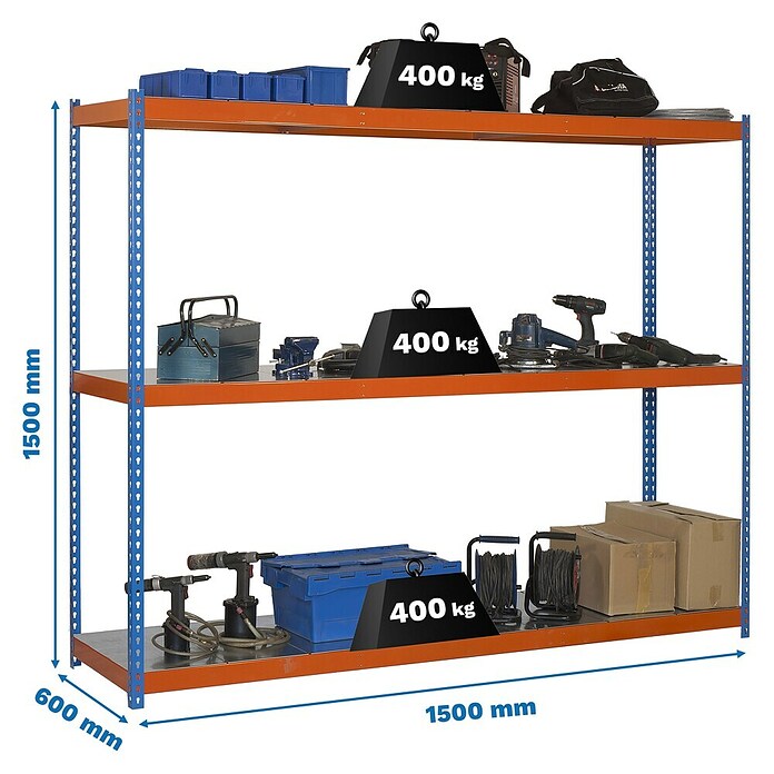 Simonrack Ecoforte Metallregal Ecoforte Metall (H x B x T: 150 x 150 x 60 cm, Traglast pro Boden: 400 kg, Anzahl Böden: 3 Stk., Stecken, Blau/Orange) | BAUHAUS
