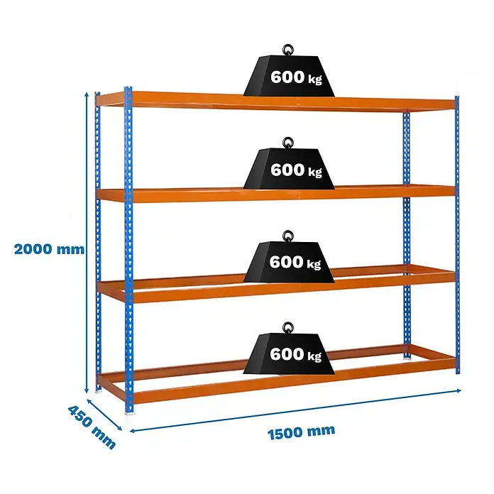 Simonrack Simonforte Estantería para cargas pesadas - Al x An x Pr: 200 x 150 x 45 cm, Número de baldas: 4 ud., Inserción, Azul/Naranja, Capacidad de carga por balda: 600 kg - Estantería metálica de 4 niveles, naranja y azul, 2000x1500x450 mm, cada balda soporta 600 kg.