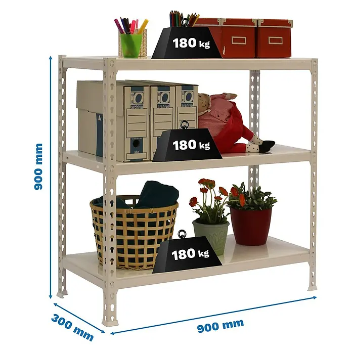 Simonrack Simonclick Metallregal Simonclick Plus - H x B x T: 90 x 90 x 30 cm, Traglast pro Boden: 180 kg, Anzahl Böden: 3 Stk., Stecken, Weiß/Weiß - Abgebildet ist ein weißes Metallregal mit drei Ebenen, das jeweils mit bis zu 180 kg belastbar ist. Die Maße sind 900 mm Höhe, 300 mm Tiefe und 900 mm Breite.