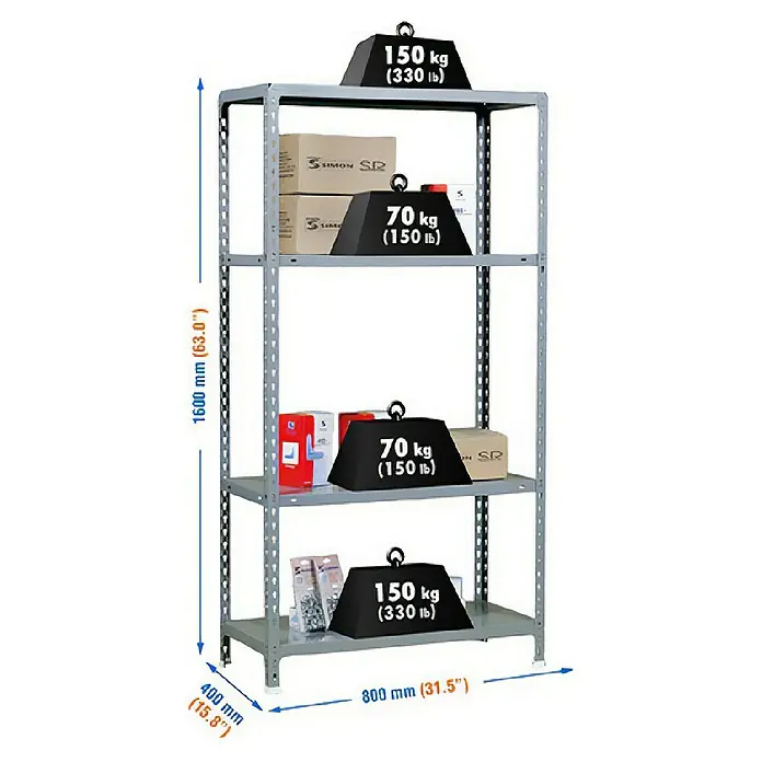 Simonrack Simonclick Metallregal Ecoclick Plus - H x B x T: 150 x 100 x 40 cm, Traglast pro Boden: 70 kg, Anzahl Böden: 4 Stk., Stecken, Grau - Bild eines grauen Metallregals mit vier Regalböden, beladen mit Gewichten und Kisten zur Demonstration der Tragfähigkeit.