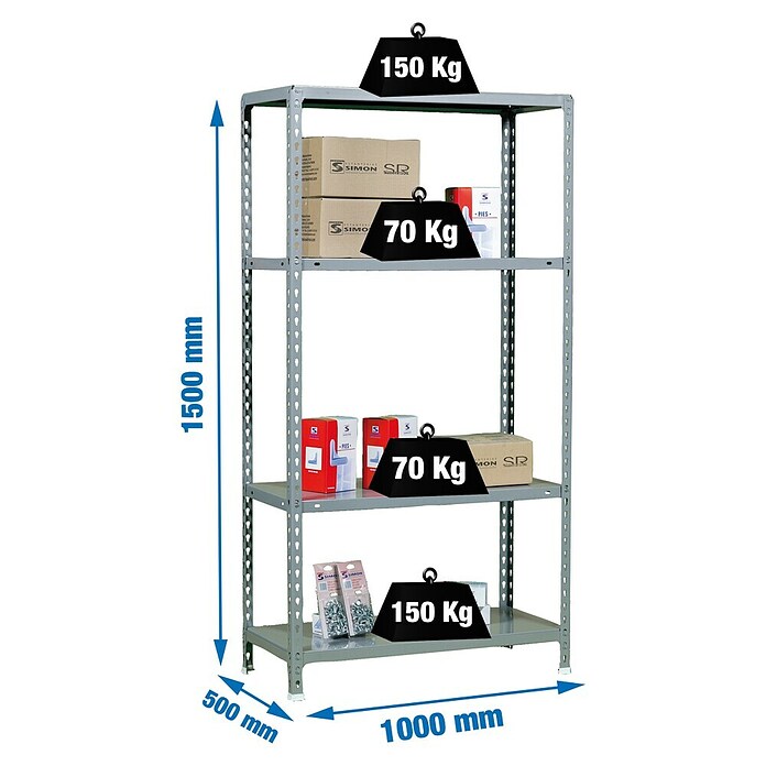 Simonrack Simonclick Metallregal Ecoclick Plus (H x B x T: 150 x 100 x 50 cm, Traglast pro Boden: 70 kg, Anzahl Böden: 4 Stk., Stecken, Grau) | BAUHAUS