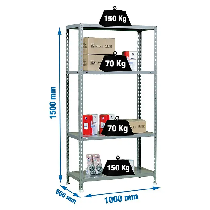 Simonrack Simonclick Metallregal Ecoclick Plus - H x B x T: 150 x 100 x 50 cm, Traglast pro Boden: 70 kg, Anzahl Böden: 4 Stk., Stecken, Grau - Abbildung eines grauen Metallregals mit vier Ebenen, beladen mit Waren und Gewichten, mit Größenangaben in Millimetern.
