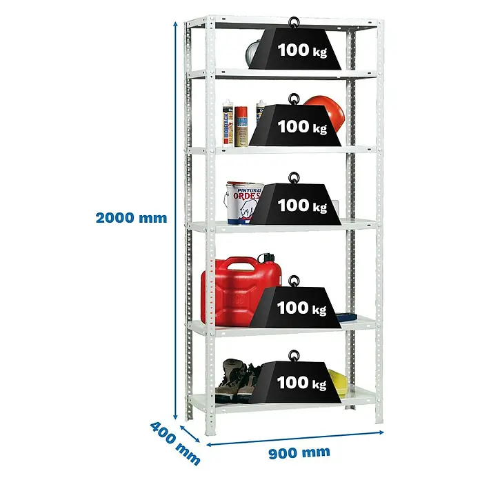 Simonrack Simonclassic Metallregal Comfort - H x B x T: 200 x 90 x 40 cm, Traglast pro Boden: 100 kg, Anzahl Böden: 6 Stk., Schrauben, Weiß - Abbildung eines Schwerlastregals mit den Maßen 2000 mm Höhe, 400 mm Tiefe und 900 mm Breite, belastbar mit 100 kg pro Regalboden.