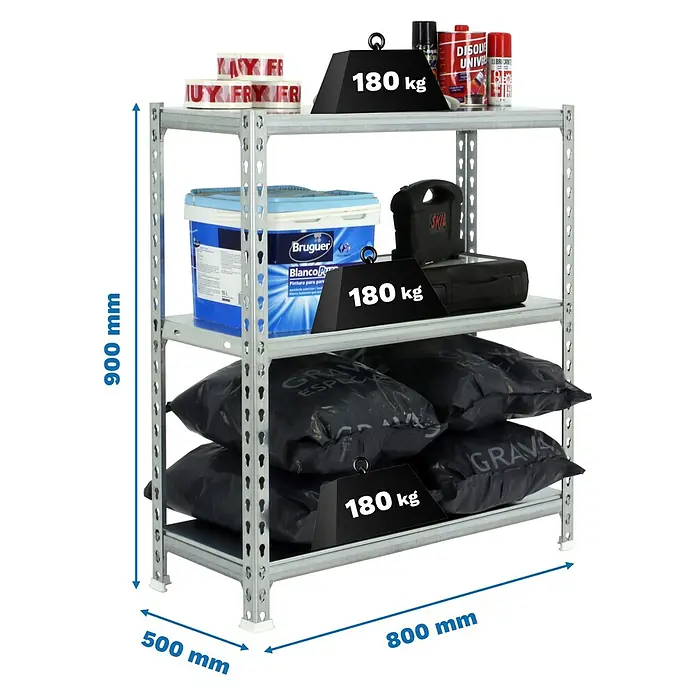 Simonrack Simonclick Metallregal Simonclick Mini - H x B x T: 90 x 80 x 50 cm, Traglast pro Boden: 180 kg, Anzahl Böden: 3 Stk., Stecken, Silber/Silber - Eine Aufnahme eines Lagerregals mit drei Ebenen, das mit verschiedenen Artikeln und Gewichten von 180 kg auf jeder Ebene beladen ist.