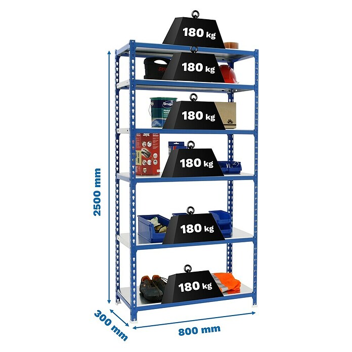 Simonrack Simonclick Metallregal Simonclick Mini (H x B x T: 250 x 80 x 30 cm, Traglast pro Boden: 180 kg, Anzahl Böden: 6 Stk., Stecken, Blau) | BAUHAUS