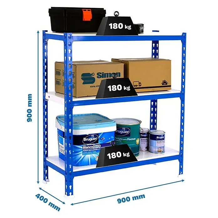 Simonrack Simonclick Metallregal Simonclick Plus - H x B x T: 90 x 90 x 40 cm, Traglast pro Boden: 180 kg, Anzahl Böden: 3 Stk., Stecken, Blau/Weiß - Aufnahme eines blauen Metallregals mit drei Regalböden, beladen mit Werkzeugkasten, Kartons und Farbdosen, mit Gewichtsangabe.