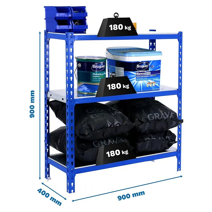 Simonrack Simonclick Metallregal Simonclick Plus - H x B x T: 90 x 90 x 40 cm, Traglast pro Boden: 180 kg, Anzahl Böden: 3 Stk., Stecken, Blau/Silber - Bild eines blauen Metallregals mit vier Regalböden, beladen mit Farbe, Werkzeugkästen und Sandsäcken, mit Maßangaben.