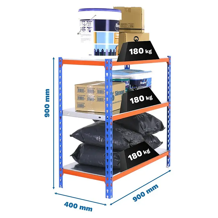 Simonrack Simonclick Metallregal Simonclick Plus - H x B x T: 90 x 90 x 40 cm, Traglast pro Boden: 180 kg, Anzahl Böden: 3 Stk., Stecken, Blau/Orange/Silber - Abbildung eines blau-orangenen Lagerregals mit vier Ebenen, beladen mit Farbeimern, Kartons und Gewichten, die die Belastbarkeit demonstrieren.