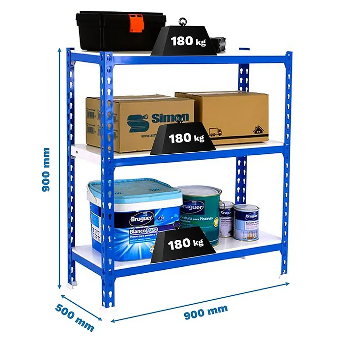 Simonrack Simonclick Metallregal Simonclick Plus - H x B x T: 90 x 90 x 50 cm, Traglast pro Boden: 180 kg, Anzahl Böden: 3 Stk., Stecken, Blau/Weiß - Ein blaues Metallregal mit drei Regalböden, beladen mit verschiedenen Gegenständen und Gewichtsangaben.