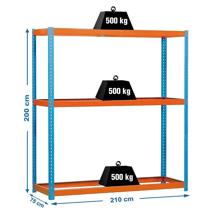 Simonrack Simonforte Estantería para cargas pesadas - Al x An x Pr: 200 x 210 x 75 cm, Número de baldas: 3 ud., Inserción, Azul/Naranja, Capacidad de carga por balda: 600 kg - Estantería metálica resistente azul y naranja con 3 baldas, cada una soporta 500 kg.