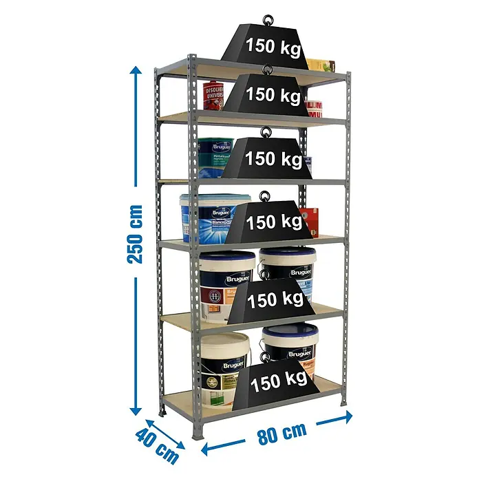 Simonrack Maderclick Metallregal Maderclick Mini - H x B x T: 250 x 80 x 40 cm, Traglast pro Boden: 150 kg, Anzahl Böden: 6 Stk., Stecken, Grau - Abbildung eines Regals mit Farbdosen und Gewichten, die die Tragfähigkeit der Regale demonstrieren, zusammen mit Größenangaben.