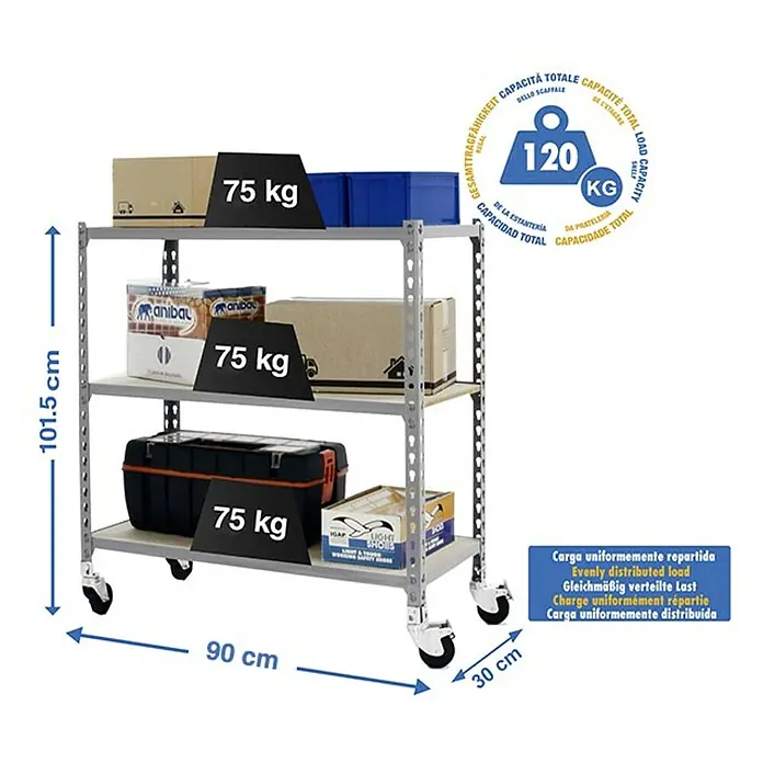 Simonrack Maderclick Estantería metálica Mobile - Al x An x Pr: 97,5 x 90 x 30 cm, Número de baldas: 3 ud., Inserción, Gris - Estantería metálica gris con ruedas de tres estantes, mostrando dimensiones y capacidad de carga.