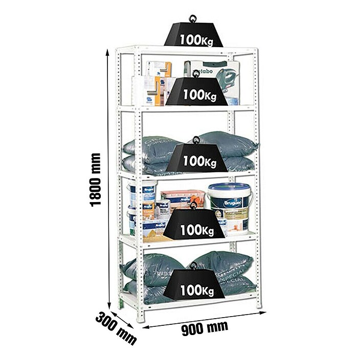 Simonrack Simonclassic Metallregal (L x B x H: 30 x 90 x 180 cm, Traglast: 100 kg/Boden, Anzahl Böden: 5 Stk., Weiß)