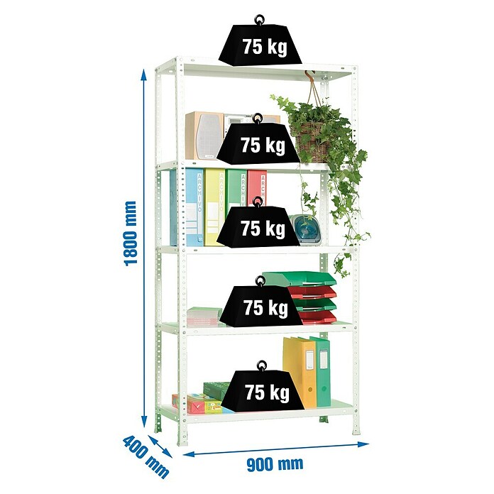 Simonrack Simonclassic Metallregal (L x B x H: 40 x 90 x 180 cm, Traglast: 75 kg/Boden, Anzahl Böden: 5 Stk., Weiß)